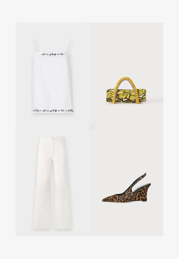 Witte mouwloze top met dunne bandjes, voorzien van ingewikkelde bloemborduursels rond de halslijn en de zoom in verschillende kleuren. Gladde textuur.; Witte, hoogwaist, wijde jeans van denim. Heeft een knoopsluiting, twee voorkruiszakken en zijnaadstiksel details.; Damespuntige luipaardprint sleehak slingback schoen met gespsluiting op witte achtergrond.; Rechthoekige tas met geel-zwart bloemenpatroon en gevlochten geel-roze handvat op witte achtergrond.