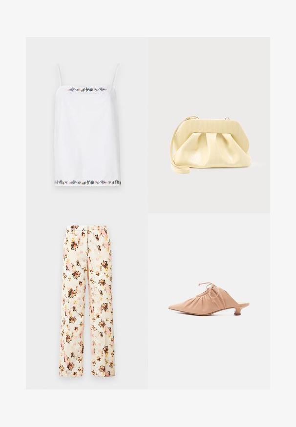 Haut sans manches blanc avec de fines bretelles, présentant des broderies florales complexes autour de l'encolure et de l'ourlet dans diverses couleurs. Texture lisse.; Pantalons larges à fleurs en crème, avec un mélange de fleurs roses, orange et noires. Tissu lisse avec une coupe décontractée et sans poches extérieures.; Mule pour femme en cuir beige avec bout pointu, dessus froncé, lien de serrage et petit talon kitten, sur fond blanc.; Pochette en cuir couleur crème avec un cadre supérieur structuré et une lanière pour poignet, présentée sur un fond clair uni.