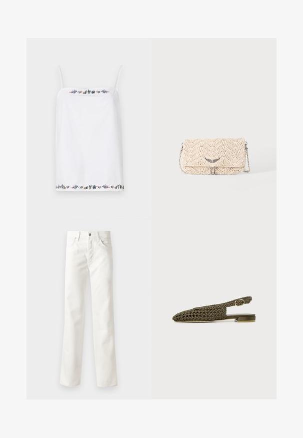 Hvid ærmeløs top med tynde stropper, der har intrikate blomsterbroderier omkring halsen og i kanten i forskellige farver. Glat tekstur.; Hvide denimjeans med lige ben-design, fem lommer, knaplukning og subtil tekstur. Afsluttet med bæltestropper og standard søm.; Flad olivengrøn vævet slingback-sko med lille firkantet hæl og justerbar guldspænde.; Beige vævet clutch taske med klap, metal kæde strop og lille sølv vingeformet pynt foran.
