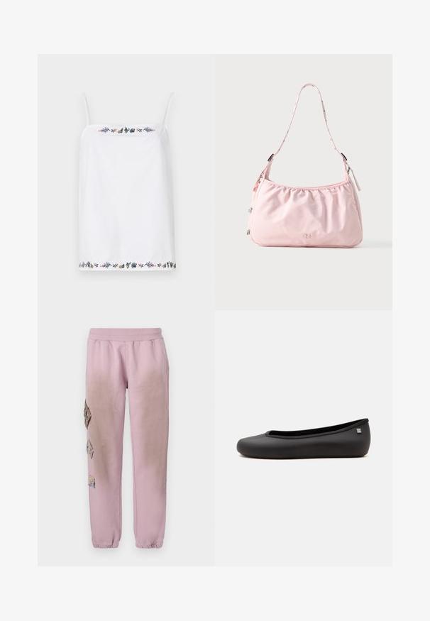 Witte mouwloze top met dunne bandjes, voorzien van ingewikkelde bloemborduursels rond de halslijn en de zoom in verschillende kleuren. Gladde textuur.; Roze sweatpants met een elastische tailleband, voorzien van decoratieve patches in ruitvorm aan de linkerkant en elastische boorden bij de enkel.; Zwarte platte ballerinaschoen met afgeronde neus en klein zilverkleurig logo aan de hielzijde, afgebeeld op een effen witte achtergrond.; Lichtroze schoudertas met verstelbare band, gerimpelde bovenrand, ritssluiting en klein reliëflogo middenvoor.