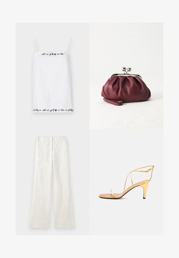 Weißes ärmelloses Top mit dünnen Trägern, das um den Hals- und Saumbereich mit aufwendiger floralem Stickerei in verschiedenen Farben verziert ist. Glatte Textur.; Weite Leinenhose in Off-White, mit glatter Textur, vorderen Falten und Seitentaschen. Einfaches, schmuckloses Design.; Goldene High-Heel-Sandale mit dünnen Riemchen und einer schmalen Knöchelschnalle vor hellem grauem Hintergrund.; Kleine burgunderrote Lederclutch mit silbernem Metallverschluss und Handgelenksriemen auf weißem Hintergrund.