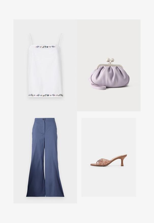 Top blanco sin mangas con tirantes finos, que presenta un intrincado bordado floral alrededor del escote y el dobladillo en varios colores. Textura suave.; Pantalones de pierna ancha azul marino, confeccionados en una tela suave, con cierre frontal de botón y líneas limpias, con un ajuste entallado en toda su extensión.; Sandalia mule marrón de punta abierta con tiras superiores tejidas y tacón curvado de altura media sobre un fondo blanco liso.; Bolso de mano suave de lavanda con tela recogida, cierre de beso plateado y correa de muñeca a juego sobre un fondo liso y claro.