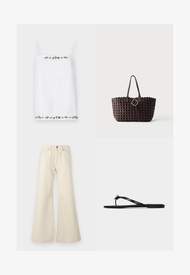 Witte mouwloze top met dunne bandjes, voorzien van ingewikkelde bloemborduursels rond de halslijn en de zoom in verschillende kleuren. Gladde textuur.; Lichtbeige flared jeans van katoen. Heeft een hoge taille, vijf zakken en een knoopsluiting met contrasterende stikdetails.; Zwarte platte teensandaal met meerdere dunne bandjes en een kleine gouden druppelvormige decoratie op het voorste bandje.; Donkerbruine geweven tas met twee handvatten en een gouden, ronde gesp in het midden tegen een effen achtergrond.