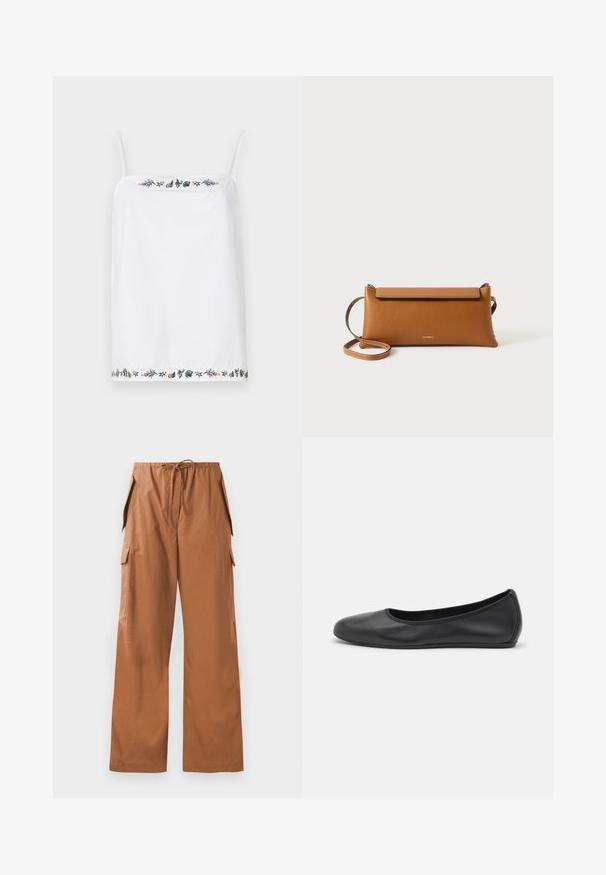 Haut sans manches blanc avec de fines bretelles, présentant des broderies florales complexes autour de l'encolure et de l'ourlet dans diverses couleurs. Texture lisse.; Pantalons cargo marron à jambes larges en tissu léger, avec une taille élastique et un cordon de serrage ainsi que des poches latérales.; Ballerines en cuir noir avec un bout rond, texture lisse, détails de couture minimalistes et design de semelle flexible.; Sac à main en cuir brun, de forme rectangulaire, surface texturée, bandoulière amovible, fermeture éclair, logo subtil estampé à l'avant.