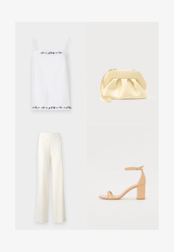Haut sans manches blanc avec de fines bretelles, présentant des broderies florales complexes autour de l'encolure et de l'ourlet dans diverses couleurs. Texture lisse.; Pantalons larges en ivoire avec un tissu texturé, présentant de subtils rayures verticales et deux poches arrière.; Sandales à talons en cuir verni nude avec un orteil carré, une sangle à la cheville et un talon bloc chunky. Texture lisse et détails de design minimalistes.; Pochette en cuir couleur crème avec un cadre supérieur structuré et une lanière pour poignet, présentée sur un fond clair uni.