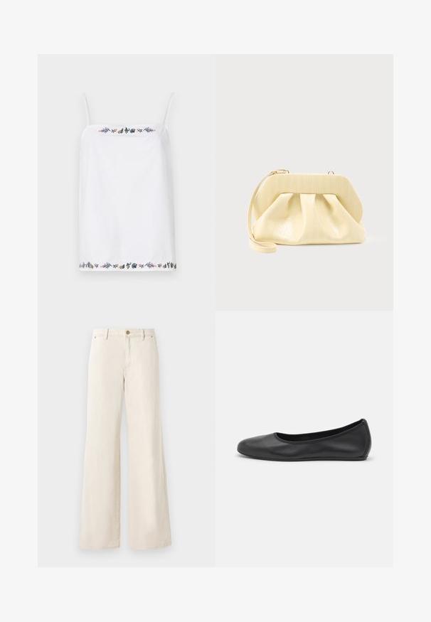 Haut sans manches blanc avec de fines bretelles, présentant des broderies florales complexes autour de l'encolure et de l'ourlet dans diverses couleurs. Texture lisse.; Pantalons larges beiges en coton avec une texture lisse. Comprend une fermeture à bouton, des poches avant et un design de taille classique.; Ballerines en cuir noir avec un bout rond, texture lisse, détails de couture minimalistes et design de semelle flexible.; Pochette en cuir couleur crème avec un cadre supérieur structuré et une lanière pour poignet, présentée sur un fond clair uni.