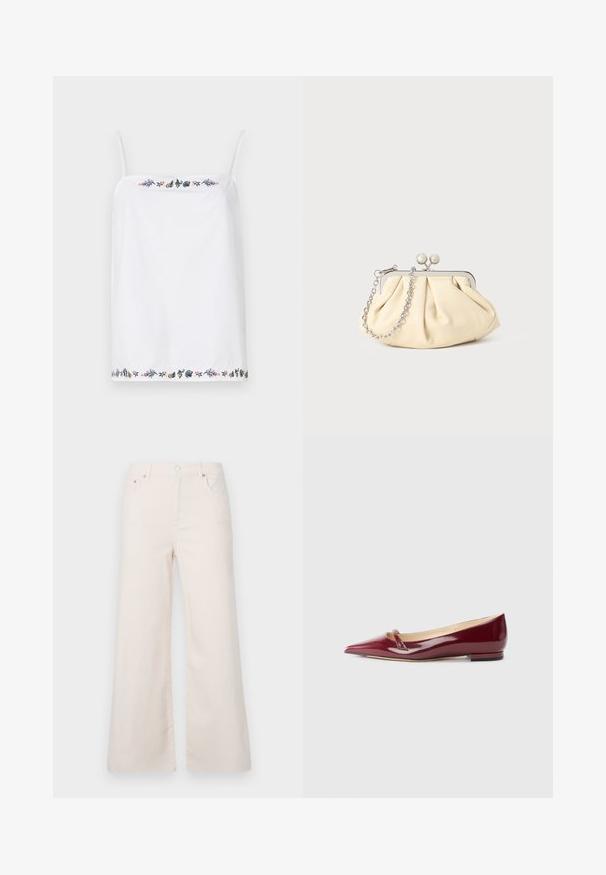 Top blanco sin mangas con tirantes finos, que presenta un intrincado bordado floral alrededor del escote y el dobladillo en varios colores. Textura suave.; Pantalones de denim de pierna ancha, color beige claro, con una cintura alta, cinco bolsillos y cierre de botón en la parte delantera. Textura suave, detalles de costura mínimos.; Bailarinas de charol burdeos con punta afilada, que presentan un pequeño detalle de corte y un tacón bajo. Textura suave y diseño elegante.; Clutch de cuero beige plisado con un marco de metal plateado, que cuenta con dos broches decorativos redondos y una correa de cadena plateada.