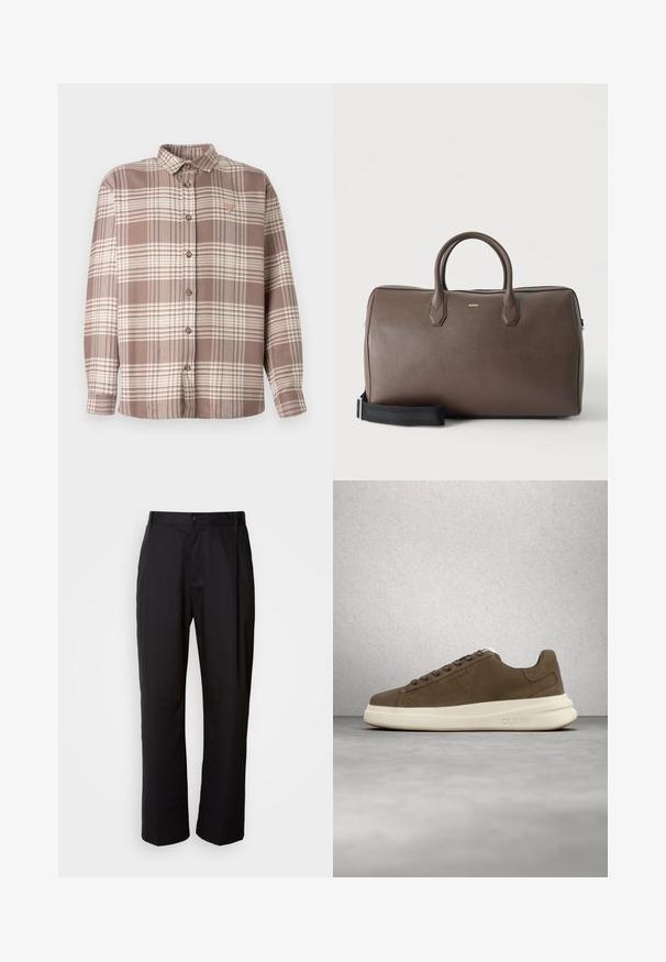 Bruine en beige geruite blouse, lange mouwen, knoopsluiting aan de voorkant, kraag, met een klein driehoekig logo aan de linkerkant. Zachte stoftextuur.; Zwarte broek met een rechte snit, gemaakt van lichtgewicht stof. Heeft een frontale knoopsluiting en twee zijzakken; gladde textuur.; Bruine suède sneaker met een crèmekleurige rubberen zool, platte veters en een logo aan de zijkant. Lichtgewicht ontwerp en gladde textuur.; Bruine leren duffeltas met twee handvatten, een zwarte verstelbare schouderriem en een klein "BOSS" logo middenvoor.