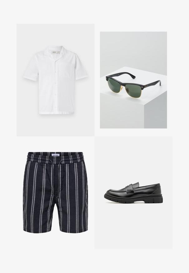 Chemise blanche à manches courtes et à boutons, avec une poche, dotée d'un tissu texturé et d'un design de col décontracté.; Short bleu marine avec des rayures blanches verticales, taille élastique et cordon, fabriqué par Only & Sons.; Mocassin en cuir noir avec une large sangle sur le devant, semelle en caoutchouc à épaisse rainure, et texture lisse. Design classique et élégant.; Lunettes de soleil Ray-Ban avec des verres verts, monture en plastique noir et accents dorés sur les bords. Forme carrée avec une finition mate.