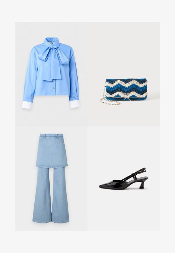 Lichtblauwe blouse met lange mouwen en witte manchetten, een grote strik bij de kraag en twee knopen vlakbij de zoom middenvoor.; Denim rok-broek hybride, met lichtblauwe stof, uitlopende pijpen en zichtbare stikdetails. Ontworpen met voorzakken en een tailleband.; Zwarte lakleren slingback kitten heel schoen met spitse neus en verstelbare gouden gespsluiting op een witte achtergrond.; Blauwe, marineblauwe en witte gehaakte clutch met zigzagpatroon en zilveren kettingriem, afgebeeld tegen een effen witte achtergrond.