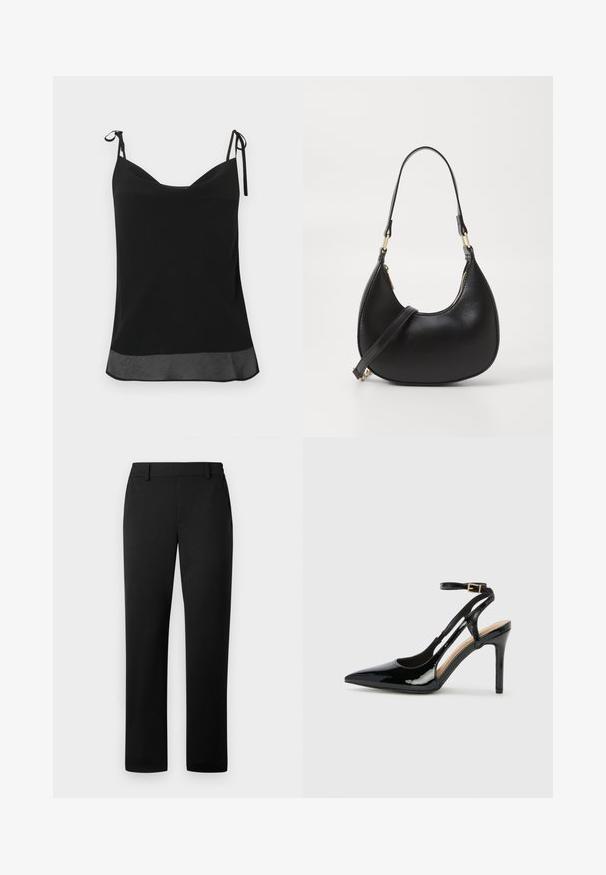 Schwarzes ärmelloses Camisole mit dünnen, verstellbaren Trägern und einem transparenten Saumdetail am unteren Rand.; Schwarze Hose mit geradem Bein, aus einem glatten Stoff gefertigt, mit tailliertem Bund und vorderen Taschen.; Schwarze Patentleder-High-Heel-Slingback-Pumps mit spitzem Zeh, verstellbarem Knöchelriemen und offenen Seiten. Glatte Textur.; Schwarze Lederhandtasche mit geschwungener Form, ausgestattet mit einem oberen Reißverschluss, einem kurzen Griff und einem abnehmbaren Schulterriemen. Goldene Hardware-Akzente.