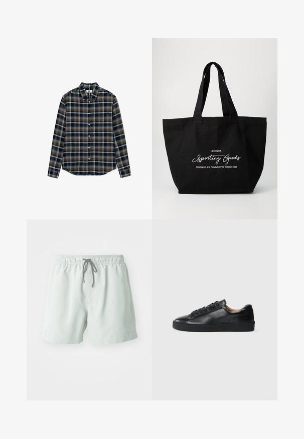 Langärmliges Karottenhemd in Blau, Braun und Creme. Knopfleiste vorne, spitzer Kragen und Seitenschlitze am Saum. Weicher Stoff.; Hellgrüne Badeshorts mit einem elastischen Bund, verstellbarem Kordelzug und Seitentaschen. Glatte Textur, Länge über dem Knie.; Schwarze Leder-Sneaker mit glatter Textur, runder Zehenpartie und Schnürverschluss. Verfügt über eine dicke Gummisohle und minimalistische Marken-Details.; Schwarze Canvas-Shopper-Tasche mit zwei robusten Griffen. Mit weißem Text: "LES DEUX Sporting Goods" und "Inspiriert von der Gemeinschaft seit 2011."