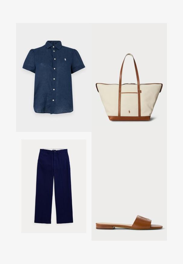Camisa azul marino de manga corta con botones, cuello y logo bordado en blanco en el pecho izquierdo.; Pantalones azul marino de corte recto con trabillas para cinturón, cierre frontal con botones y bolsillos laterales sobre fondo blanco.; Sandalia deslizante de cuero marrón con una tira ancha y detalles en relieve, suela plana con un ligero acento de madera en el talón, diseño minimalista.; Bolso de tote de lienzo en crema con detalles en cuero marrón, que cuenta con dos asas largas, un bolsillo frontal y un logo cerca de la base.