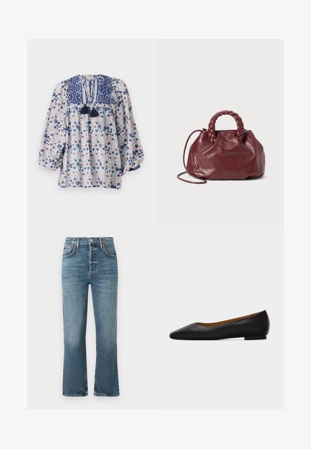 Bloemmotief blouse in blauw, wit en roze met een gespleten halslijn, franjes en volumineuze lange mouwen. Katoenen stof.; Lichtblauwe denim jeans met een hoge taille, recht gesneden pijpen en subtiele vervaging. Kenmerken zijn klassieke vijf-pocket styling en een metalen knoopsluiting.; Zwarte leren puntschoen met lage hak en gladde afwerking, zijaanzicht op een lichtgrijze achtergrond.; Bordeaux lederen handtas met een gevlochten handvat, zachte textuur en een ronde vorm. Voorzien van een afneembare schouderriem voor veelzijdigheid.