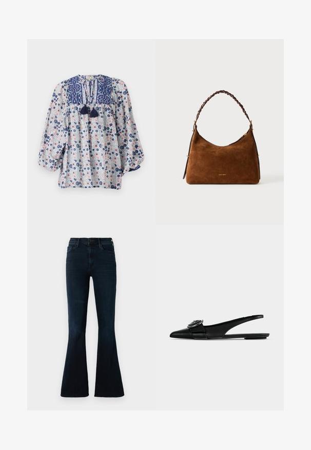 Bloemmotief blouse in blauw, wit en roze met een gespleten halslijn, franjes en volumineuze lange mouwen. Katoenen stof.; Donkerblauwe uitlopende jeans van denim, met een hoge taille, standaardzakken en subtiele vervaging op de stof.; Zwarte leren platte schoenen met spitse neus, een brede band en een ronde metalen gesp bovenaan.; Bruine suède handtas met een gevlochten leren handvat in bruin, gebogen vorm, gouden hardware accenten en een geperst merkwapen aan de voorkant.