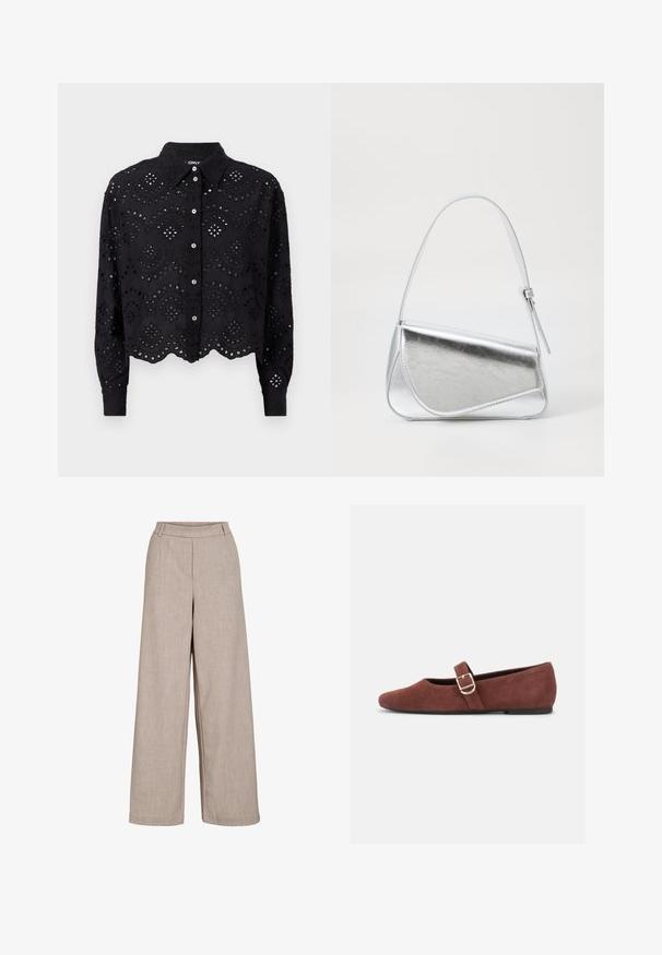 Sort cropped skjorte med broderet hulmønster, bølget kant, lange ærmer, knaplukning og en struktureret krave.; Beige brede bukser lavet af letvægtsstof. Har en glat tekstur, en tætsiddende talje og sidelommer for funktionel detaljer.; Brun ruskind Mary Jane-flad sko med en guldspænde og sort sål på hvid baggrund.; Sølvmetallic håndtaske med en trekantet form, glat overflade og en tynd, justerbar skulderrem. Har et fold-over design med syninger.