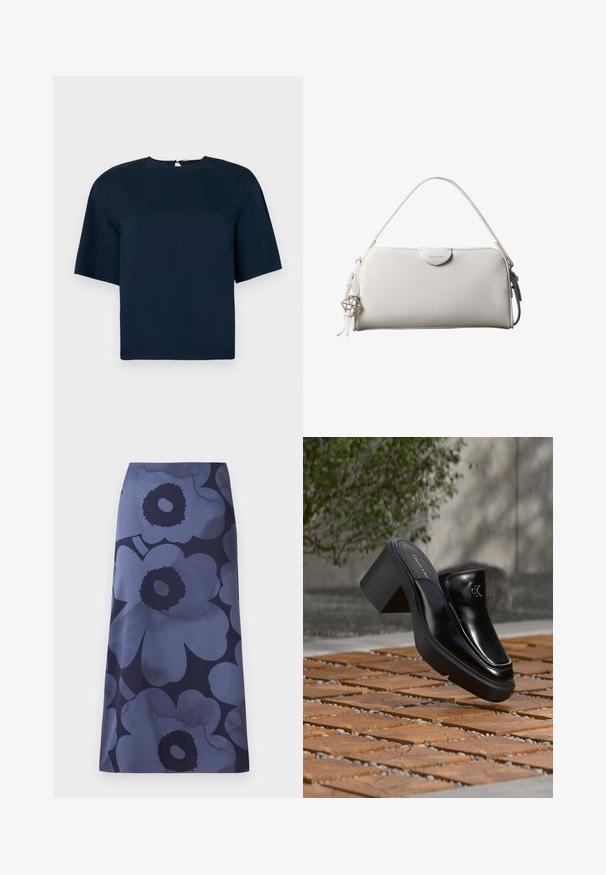Top de manga corta azul marino con un escote redondo, textura suave y un sutil detalle de cremallera en la parte posterior. Diseño minimalista con corte recto.; Falda midi con estampado floral que presenta grandes flores azul oscuro sobre un fondo azul más claro; la tela parece suave con una textura ligeramente brillante.; Mule tipo slip-on de cuero negro de Calvin Klein con tacón de bloque descansando sobre baldosas de madera al aire libre cerca de una planta verde y una pared gris.; Bolso rectangular blanco de Calvin Klein con un solo asa, diseño minimalista y borlas decorativas con un charm metálico geométrico en el lateral.