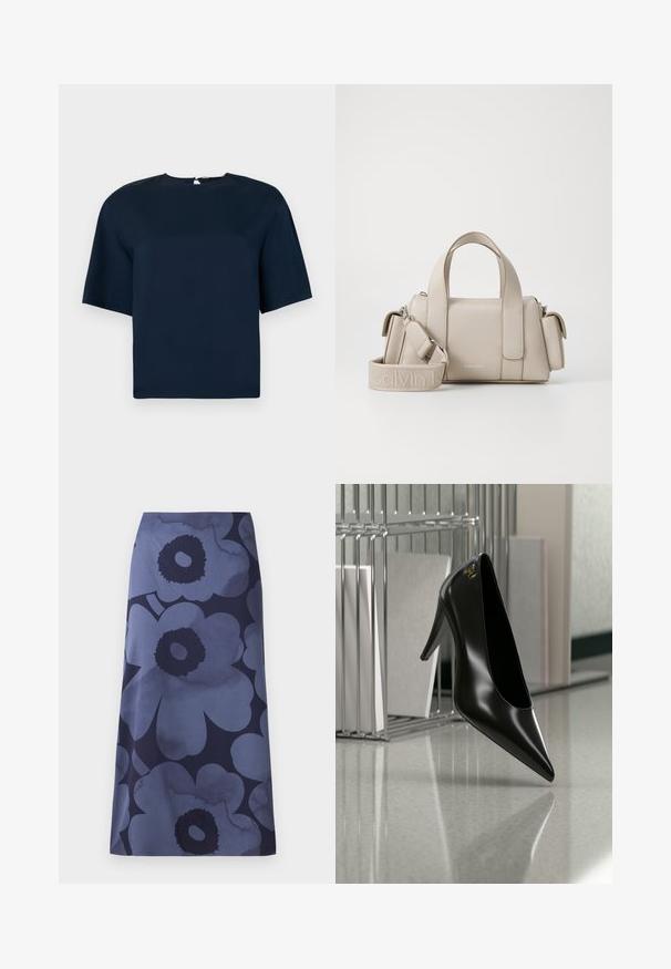 Top de manga corta azul marino con un escote redondo, textura suave y un sutil detalle de cremallera en la parte posterior. Diseño minimalista con corte recto.; Falda midi con estampado floral que presenta grandes flores azul oscuro sobre un fondo azul más claro; la tela parece suave con una textura ligeramente brillante.; Zapato de tacón alto negro con punta afilada y logo dorado, colocado sobre una superficie reflectante cerca de un organizador de archivos de alambre cromado con documentos.; Bolso beige con diseño estructurado, hecho de material sintético. Cuenta con dos asas superiores, una correa para el hombro desmontable y un bolsillo con cremallera.