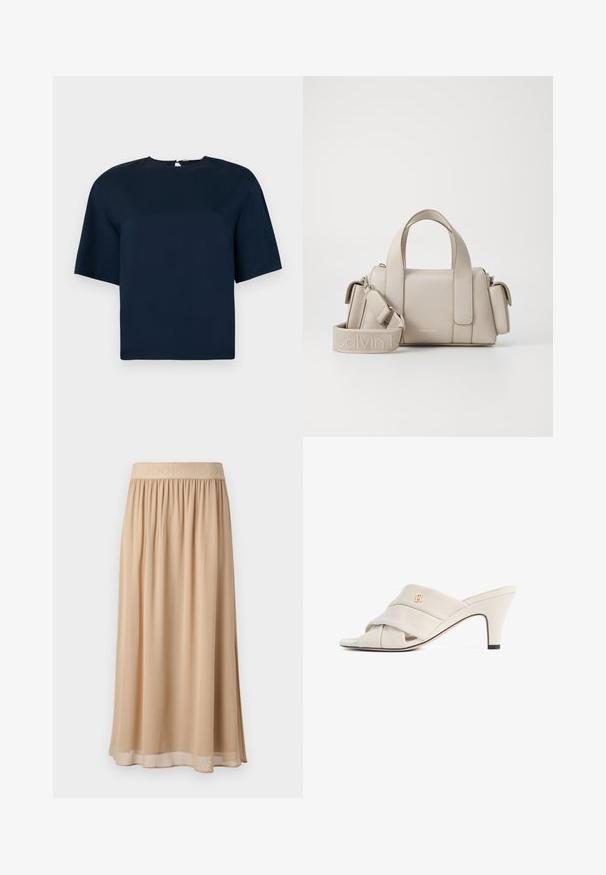 Top de manga corta azul marino con un escote redondo, textura suave y un sutil detalle de cremallera en la parte posterior. Diseño minimalista con corte recto.; Falda midi beige con una amplia banda elástica en la cintura que lleva el nombre de la marca. Material suave y fluido con una textura lisa y un diseño sencillo.; Mules de tacón alto beige con diseño de tira de cuero torcida, punta abierta y detalle de logotipo en relieve. El tacón tiene un detalle en punta negra.; Bolso beige con diseño estructurado, hecho de material sintético. Cuenta con dos asas superiores, una correa para el hombro desmontable y un bolsillo con cremallera.