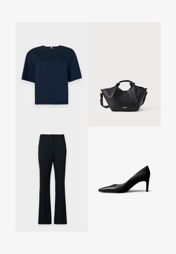 Top de manga corta azul marino con un escote redondo, textura suave y un sutil detalle de cremallera en la parte posterior. Diseño minimalista con corte recto.; Pantalones de campana negros, hechos de una tela suave. Presentan un frente plano, pasadores para cinturón y un corte entallado que se ensancha gradualmente hacia el fondo.; Zapato de mujer tipo pump de cuero negro con punta afilada y tacón medio, mostrado de lado sobre un fondo blanco.; Bolso de mano de cuero negro con un diseño estructurado, que presenta un asa anudada, acentos de herrajes dorados y una correa para el hombro desmontable.