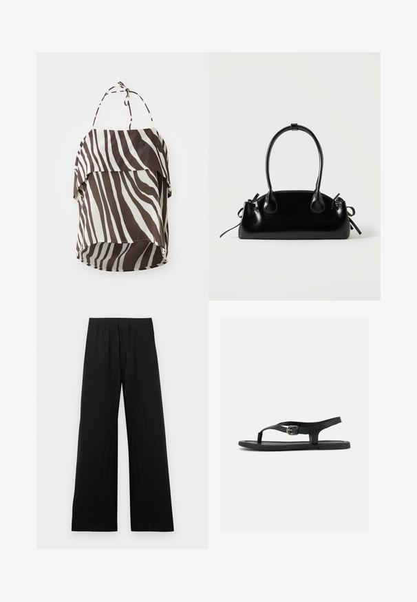 Top marrón y crema con escote off-the-shoulder y patrón de rayas de cebra, hecho de tela ligera, con tirantes ajustables y un dobladillo acampanado.; Pantalones negros de pierna ancha hechos de tela de algodón. Presentan una cintura elástica y un acabado suave y texturizado. Sin patrones ni detalles visibles.; Sandalia plana negra con correa al tobillo, separador de dedo y hebilla plateada sobre suela lisa, vista lateral sobre fondo blanco.; Pequeño bolso negro brillante con dos asas largas y detalles de cordón lateral sobre un fondo claro liso.