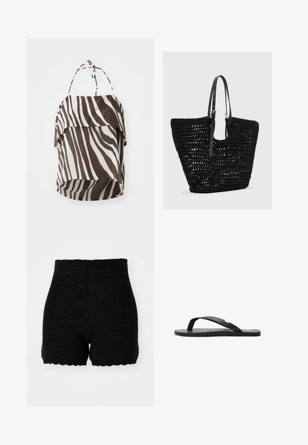 Bruin en crème off-the-shoulder top met een zebrapatroon, gemaakt van lichtgewicht stof, met verstelbare strikbandjes en een flare zoom.; Zwarte gehaakte shorts met een geribbelde textuur, hoge tailleband en golvende zoom. Ontworpen voor een getailleerde pasvorm en ademend materiaal.; Zwarte flip-flop sandaal met een platte zool, zwarte textuur inlegzool, gladde bandjes en een kleine gouden accent bij de teenpost.; Zwarte geweven tote bag met open weving en twee verstelbare dunne leren schouderbandjes met zilveren gespen.
