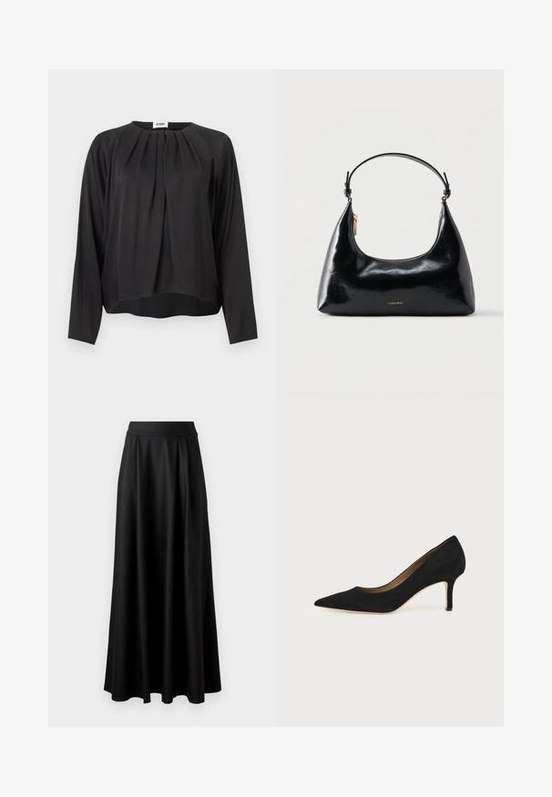 Zwarte blouse met lange mouwen, geplooide voorkant, ronde halslijn en licht gebogen zoom, weergegeven op een effen lichte achtergrond.; Zwarte rok tot op de vloer met een gladde textuur, brede tailleband en geplooid ontwerp, zonder zichtbare patronen of versieringen.; Zwarte suède pumps met spitse neus, een slanke middenhoge naaldhak en een laag uitgesneden ontwerp op een effen achtergrond.; Zwarte glanzende Calvin Klein handtas met gouden rits en korte band tegen een effen witte achtergrond.