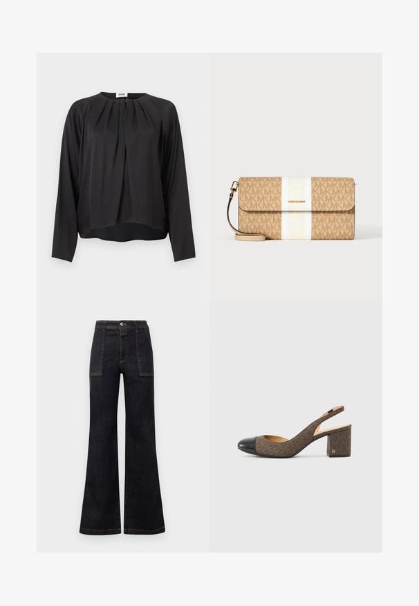 Blouse noire à manches longues avec détail plissé à l'avant, encolure ronde et ourlet légèrement arrondi, présentée sur un fond clair uni.; Jean en denim foncé évasé avec taille haute, présentant des surpiqûres orange et deux poches avant. Texture lisse, finition soignée, design classique.; Escarpin à bride arrière à motifs marron avec talon bloc et bout rond noir, doté d'un petit logo doré proche du talon.; Pochette beige Michael Kors avec motif logo marron, bande blanche centrale, plaque logo dorée et bracelet amovible sur fond blanc.