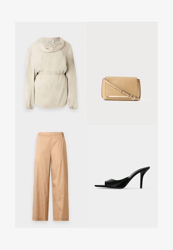 Haut beige à manches longues avec un col bénitier, une taille élastiquée et des poignets froncés ; confectionné dans un tissu doux et lisse avec une coupe décontractée.; Pantalon beige à jambes larges avec une taille haute, un devant plat et un ourlet droit, présenté sur un fond gris clair uni.; Mule à talon haut en cuir noir à bout ouvert avec un talon stiletto fin, vue de profil sur un fond uni.; Sac bandoulière en cuir tan avec un rabat pliant, accents en métal doré, bandoulière ajustable et une finition texturée. Forme rectangulaire moderne.