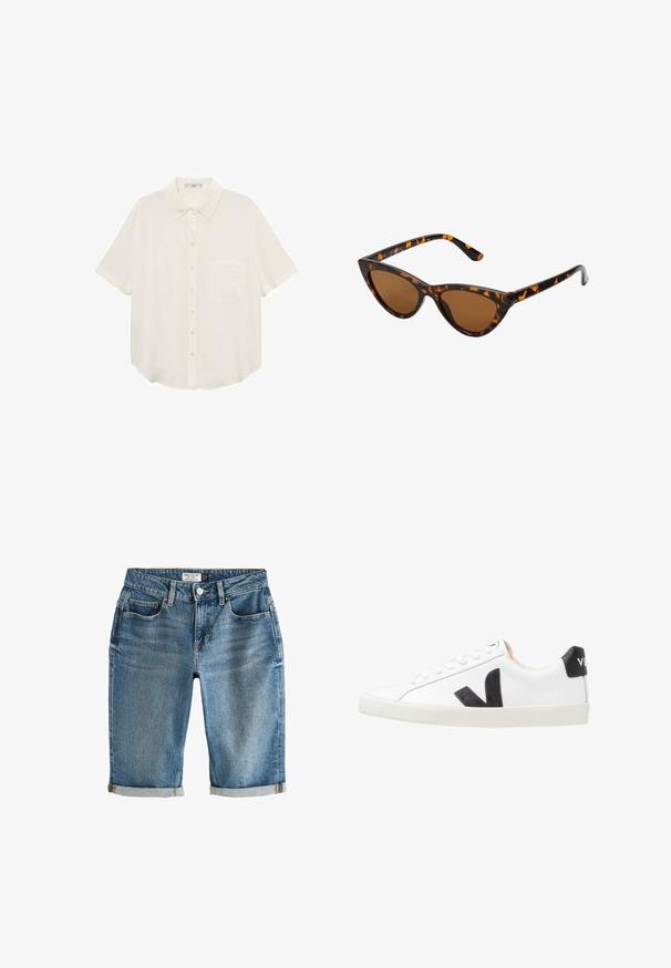 Mango SHORT SLEEVE POCKET - Skjortebluser - off-white; Blå denim knæ-lange shorts med en opsmøgning, fem lommer og lukning med metalknap. Stof har et let falmet udseende.; Hvide sneakers med et sort V-logo, der har en glat læderoverdel, rund tå, snørrelukning og en kontrasterende sort hælflap.; Kat-ejede solbriller med en sort og orange skildpaddemønstret stel, brune linser og slanke, spidse ender. Har et minimalistisk logo på skabelsen.