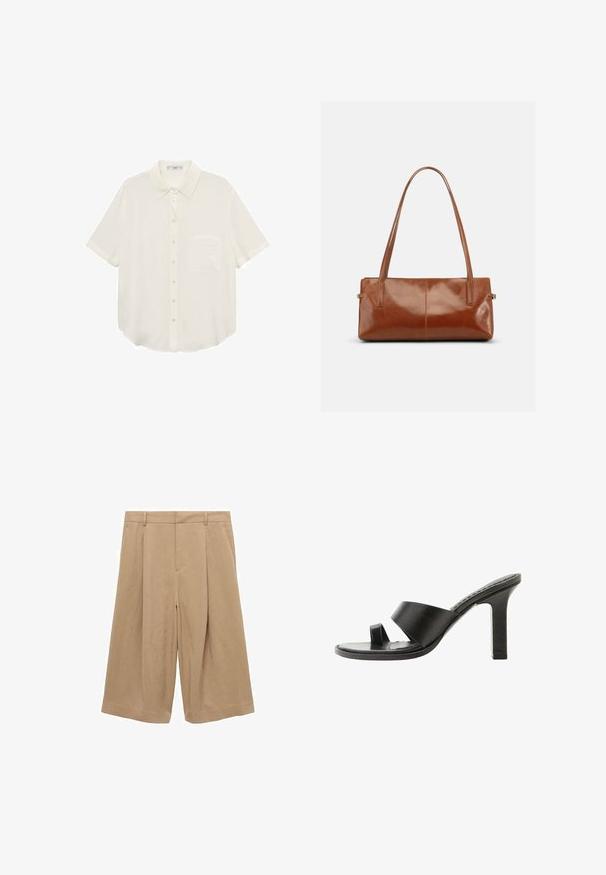 Mango SHORT SLEEVE POCKET - Hemdbluse - off-white; Beige Culottes aus leichtem Stoff, mit weitem Bein, flachem Vorderteil, zwei Seitentaschen und glatter Textur.; Schwarze Sandale mit hohem Absatz, breitem Riemen über dem Fuß und einer Zehenschlaufe, von der Seite auf weißem Hintergrund gezeigt.; Rechteckige braune Lederhandtasche mit zwei langen Schulterriemen, glattem glänzendem Finish und minimalistischem Design vor einfarbigem Hintergrund.
