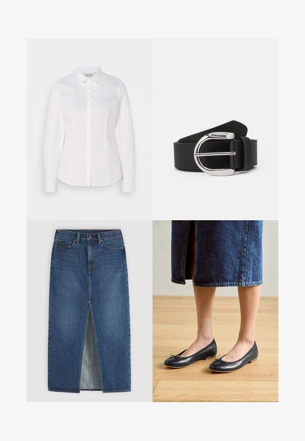 Chemise blanche à boutons fabriquée en coton lisse, avec un col classique, des manches longues et un logo subtil sur la poitrine. Présente une fermeture à boutons sur le devant.; Jupe midi en denim bleu avec fente centrale à l'avant, passants de ceinture, fermeture par bouton et style cinq poches.; Ballerines en cuir noir avec un bout arrondi, un petit nœud décoratif et un petit talon en bois, portées avec une jupe en denim.; Ceinture en cuir noir avec une boucle en métal argenté, présentant une texture lisse et un design classique. La sangle mesure 3,8 cm de large.