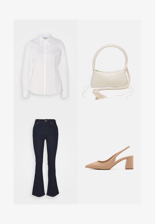 Hvid skjorte med knaplukning lavet af glat bomuld, med klassisk krave, lange ærmer og et diskret logo på brystet. Har frontknaplukning.; Marks & Spencer Eva - Jeans Bootcut - blue denim; Beige slingback højhælet sko med spids tå, glat læderoverdel og en klar blokhæl. Enkel design med udskæringer i siden.; Cremefarvet håndtaske med et rundt håndtag, lynlås lukning og frynsedetalje. Har en glat lædertekstur og kontrasterende stofkant.