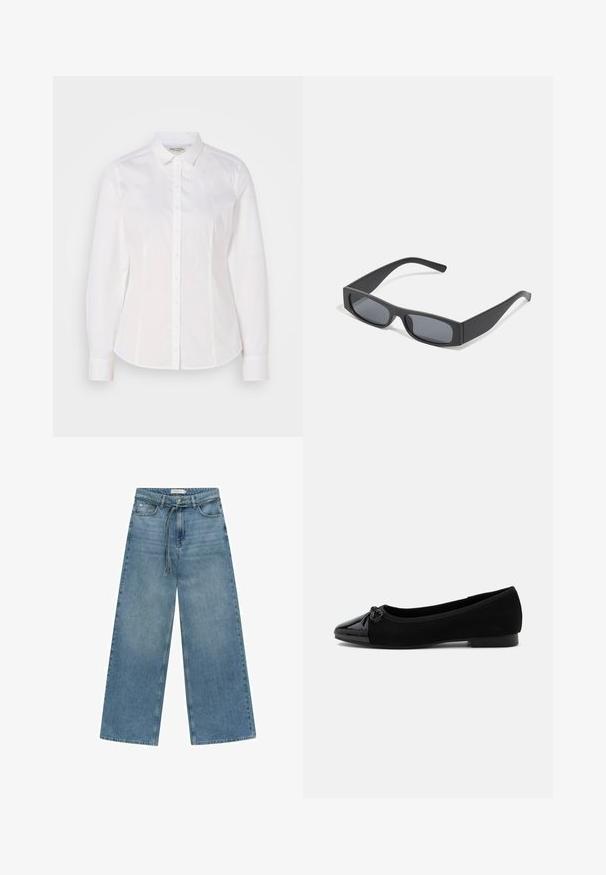 Hvid skjorte med knaplukning lavet af glat bomuld, med klassisk krave, lange ærmer og et diskret logo på brystet. Har frontknaplukning.; Bredde ben blå denim jeans med medium vask. Har en snøre i taljen, frontlomme og en simpel finish uden yderligere pynt.; Sort balletsko med laklæder tåhætte, lille sløjfedetalje og lav hæl på hvid baggrund.; Sorte rektangulære solbriller med mørke linser og tykke matte stel. Armen er let tilspidset med en glat overflade.