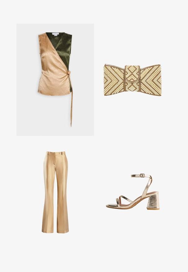 Never Fully Dressed WRAP - Top - olive/gold; Beige Satin-Glitzerhose mit glatter Textur, ausgestattet mit einem Reißverschluss vorne und einem einzelnen Knopfverschluss. Zwei Seitentaschen und Faltendetails.; Goldfarbene, metallische High Heels Sandalen verfügen über eine strukturierte Oberfläche, offene Zehen und drei diagonale Riemen mit einer Schnalle am Knöchel. Der Blockabsatz sorgt für Stabilität.; Clutch-Tasche in Form einer Schleife, verziert mit goldenen Perlen und cremefarbenen Perlen in geometrischen Mustern auf weißem Hintergrund.