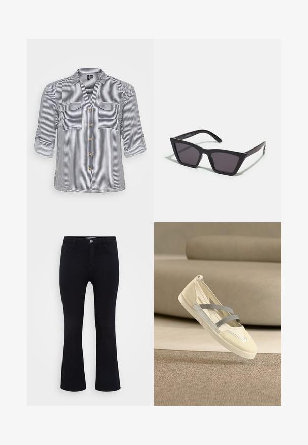 Stribet skjorte med v-udskæring, to frontlommer, opsmøgede ærmer og knaplukning i marineblå og hvide farver. Materialet er en bomuldsblanding.; ONLY Carmakoma Flared fit CARTHUNDER Mid waist - Flared jeans - black denim; Kremfarvet afslappet slip-on sko med to grå elastikstropper, rundet tå og hvid sål på beige tæppe og sofa baggrund.; Sorte, kantede solbriller med grå linser; lavet af plast, med tykke stænger med en glat overflade og ingen synlig hardware.