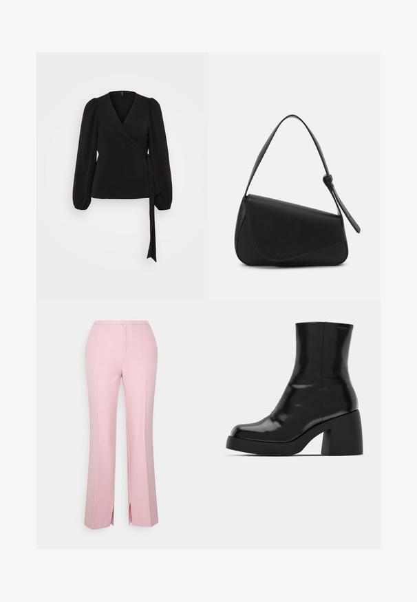 Schwarzes Wickeloberteil mit langen, puffärmeligen Ärmeln, einem V-Ausschnitt und einem Bindeband an der Taille. Glatte Textur mit einer taillierten Silhouette.; Gina Tricot Petite JANE MID WAIST TROUSERS - Stoffhose - sweet lilac; Schwarze Stiefeletten mit glänzender Oberfläche, quadratischer Zehenpartie und dicker Blockabsatz. Das Design zeichnet sich durch eine nahtlose Silhouette und minimalistische Markenkennzeichnung aus.; Schwarze Lederhandtasche mit dreieckiger Form, schrägem Klappdeckel und rundem Oberhandgriff. Verfügt über eine glatte Textur und minimalistische Designdetails.