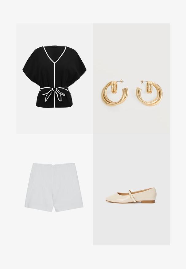 Sort kortærmet bluse med hvid kant, V-hals og bindebånd i taljen.; Hvide shorts med et skræddersyet design, flad front, to sidelommer og en ren kant. Fremstillet af et glat stof uden synlige mønstre.; Beige patentlæder balletflade med firkantet tå, lille hæl og justerbar ankelrem med guldspænde accent.; Par af skinnende gyldne dobbelt loop øreringe med stift-lukning på hvid baggrund.