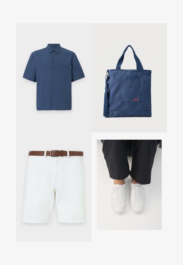 Chemise bleu marine à manches courtes, boutonnée, avec poche poitrine et col classique sur un fond uni.; Shorts en coton blanc avec une ceinture en cuir marron et une boucle en acier. Fermeture à pression et zip, poches latérales et ourlets cousus.; Baskets blanches en cuir avec une texture lisse, bout rond et système de laçage classique, positionnées au-dessus de pantalons sombres et amples.; Sac fourre-tout en toile bleue avec poche frontale et broderie rouge "O.N.S", doté de doubles poignées et d'une bandoulière réglable.