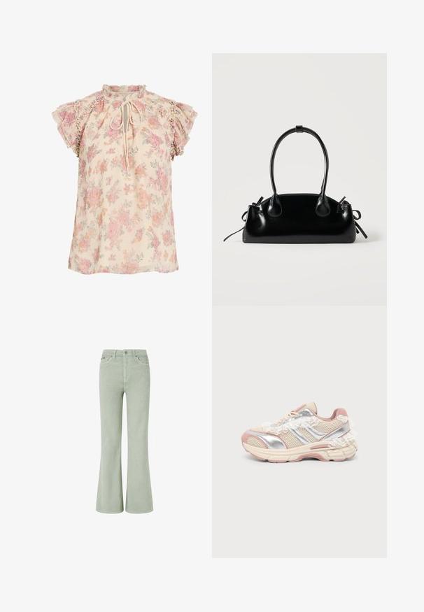 Crèmekleurige gebloemde blouse met roze en oranje bloemen, gerimpelde korte mouwen en een strik bij de halslijn.; Groene flared corduroy jeans met een middellange taille, voorzien van voorzakken, een knoopsluiting en een zachte textuur.; Beige en roze sportschoen met zilveren accenten, meshstof, dikke zool en decoratieve witte veters op een effen lichte achtergrond.; Kleine zwarte glanzende handtas met twee lange hengsels en zijkant trekkoord details op een effen lichte achtergrond.