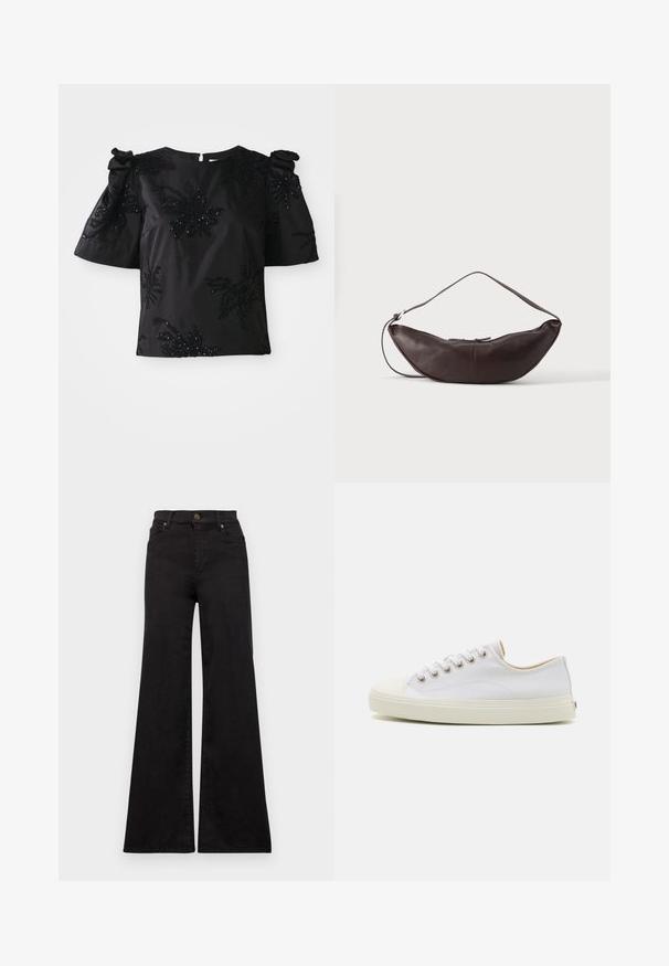 Sort kortærmet top med rund halsudskæring, prydet med broderede bladmønstre og perler. Ærmerne har indsamlede detaljer for volumen.; Sorte flared jeans lavet af denim med høj talje, med forlommer og metaldele på knappen og nitterne.; Læder sneakers i hvid med rund tå, snørebånd foran og cremefarvet gummisål. Har metaløjer og syet detaljer.; Mørkebrun læder skuldertaske i halvmåneform med buet rem og synlige syninger på ensfarvet baggrund.