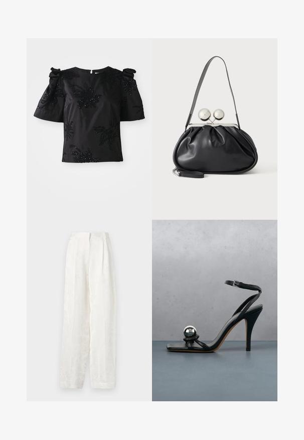 Haut noir à manches courtes avec un col rond, présentant des motifs de feuilles brodés et des sequins. Les manches sont dotées de détails froncés pour plus de volume.; Pantalons blancs à jambes larges en tissu lisse et texturé, présentant un motif floral subtil et un design plissé à l'avant.; Sandale noire à talon haut avec bride à la cheville et boule décorative argentée métallique sur surface carrelée en bois à l'extérieur, avec un arrière-plan flou de verdure et de mur.; Sac à main en cuir noir avec un design plissé, une sangle unique, un cadre métallique argenté et deux grandes fermoirs ronds en argent.