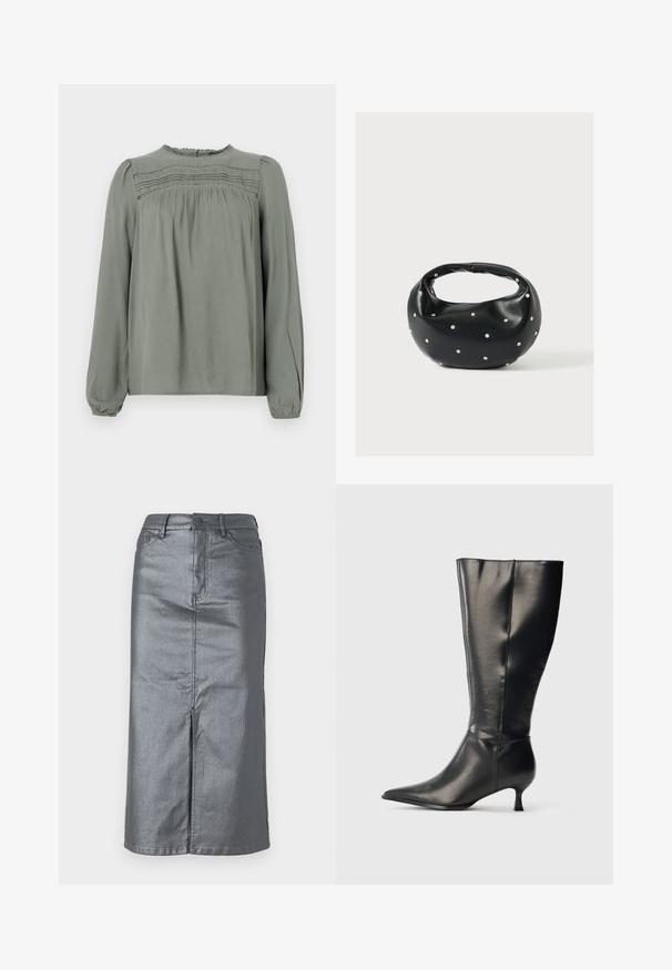 Blusa de manga larga verde claro, fabricada en tejido suave. Presenta detalles fruncidos en los hombros y un panel texturizado en el pecho.; Falda de mezclilla gris metálico con forma recta, abertura frontal, diseño de cinco bolsillos y cierre de botón en la cintura. Se pueden ver las costuras planas.; Bota negra de cuero hasta la rodilla, con punta afilada y tacón bajo tipo kitten, mostrada sobre un fondo claro y sencillo.; Bolso de mano de cuero negro con forma redondeada, decorado con detalles de tachuelas plateadas y un asa corta. Textura lisa y cierre con cremallera.