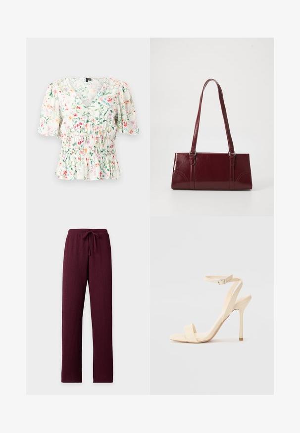 Blouse blanche à col en V avec manches courtes bouffantes, imprimé floral multicolore, taille froncée et ourlet à volants.; Pantalon bordeaux texturé avec jambes droites et taille élastique munie d’un cordon de serrage assorti.; Sandale à talon haut beige avec une sangle fine autour de la cheville et un bout carré. Matériau synthétique lisse, design minimaliste et talon aiguille.; Sac à main bordeaux en matériau brillant, de forme rectangulaire, avec deux anses et des accents légèrement courbés à l'avant.