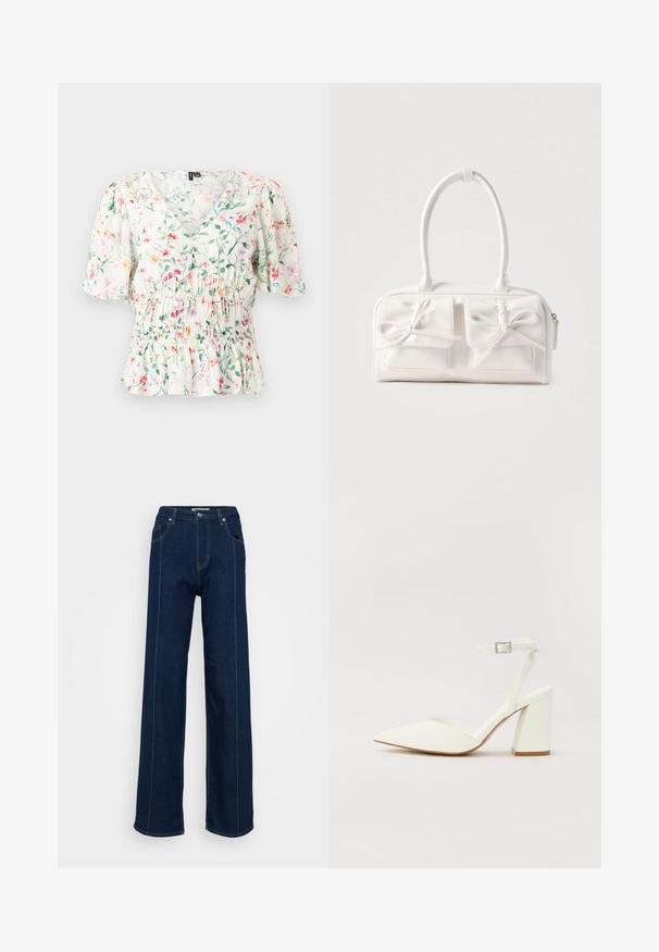 Hvid V-hals bluse med korte puffede ærmer, flerfarvet blomsterprint, rynket talje og flæsekant.; Mørkeblå højtaljede brede jeans med forlommer, bæltestropper og kontrastsyning på en ensfarvet lys baggrund.; Hvide hælede sandaler med spids tå, justerbar ankelrem og en kraftig firkantet hæl. Glat tekstur med minimale syninger.; Hvid syntetisk håndtaske med to forlommer, hver med en bundet sløjfedetalje. Glat tekstur, afrundede håndtag og lynlås lukning.