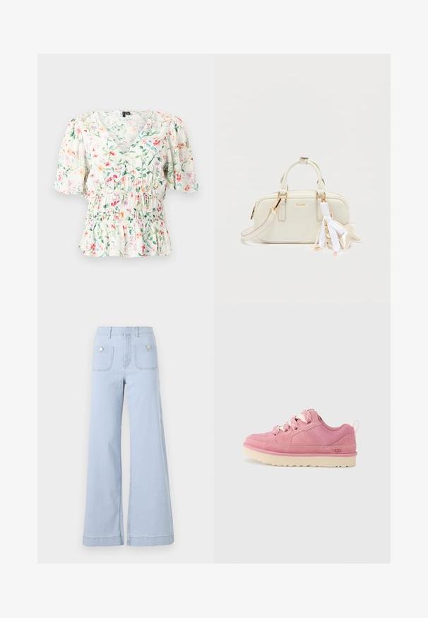 Blusa blanca con escote en V, mangas cortas abullonadas, estampado floral multicolor, cintura fruncida y bajo con volantes.; Jeans de pierna ancha azul claro, confeccionados en denim, con una cintura alta, grandes bolsillos frontales y detalles metálicos en los bolsillos traseros.; Zapatilla de ante rosa con detalles de malla texturizada, puntera redonda, cordones en contraste y suela de goma de color claro. Logo en el lateral.; Bolso de mano de cuero blanco con herrajes dorados, asas cortas y una correa desmontable. Cuenta con un colgante decorativo en forma de estrella y detalles de cinta.