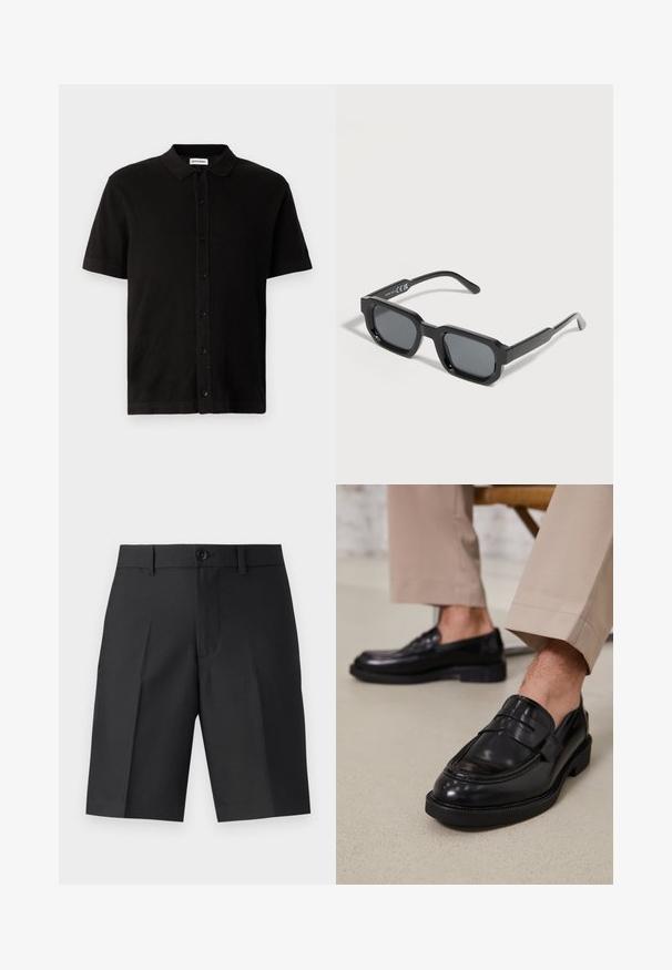 Camisa polo negra de manga corta hecha de tela texturizada con un cierre de botones en la parte delantera y un collar clásico. Presenta un dobladillo recto.; Bermudas negras a medida de tela ligera, con corte recto, pliegues simples y cierre frontal de botón.; Mocasines de cuero negro con un acabado suave, que cuentan con una correa decorativa y costuras en contraste, combinados con pantalones beiges.; Gafas de sol rectangulares negras con montura gruesa y lentes tintados oscuros, inclinadas sobre un fondo blanco.