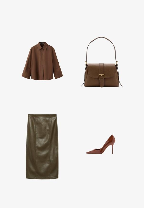 Brun skjorte med knapper, lange vide ærmer og en brystlomme, med klassisk krave og afslappet pasform.; Oliven grøn pencil skirt i faux læder med en glat tekstur, knælængde, der har lodrette sømme for et skræddersyet look.; Skinnende brun spids tå stilettohæl med en slank hæl på hvid baggrund.; Brun skuldertaske i læder med frontklaffelukning og guldlås, med justerbar rem med gulddetaljer på hvid baggrund.
