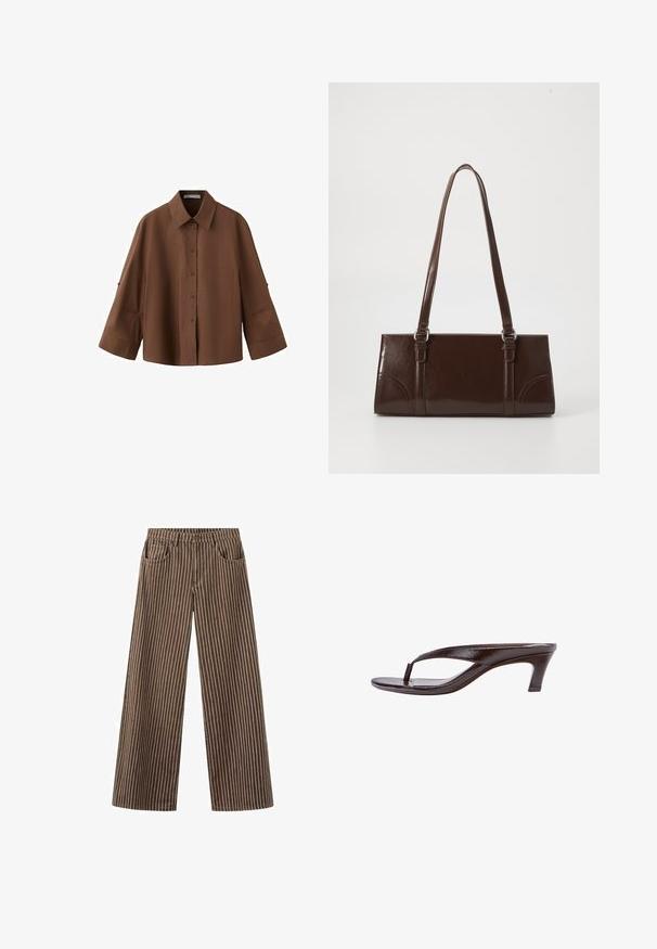 Chemise marron à boutons, manches longues larges et poche poitrine, avec col classique et coupe décontractée.; Pantalon marron à jambes larges avec des fines rayures verticales blanches, poches avant, passants pour ceinture et fermeture par bouton à la taille.; Sandale en cuir verni marron foncé avec bride en tongs, petit talon kitten et semelle incurvée, vue latérale sur fond blanc.; Sac à main en cuir verni marron de forme rectangulaire, avec deux longues poignées et des accents courbés subtils à l'avant.
