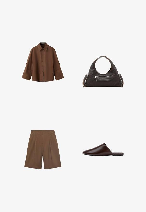 Brun skjorte med knapper, lange vide ærmer og en brystlomme, med klassisk krave og afslappet pasform.; Brune skræddersyede shorts med flad front, pyntesyninger og sidelommer. Fremstillet af et let materiale, der giver en afslappet pasform og med opfoldede kanter.; Mørkebrune læder slip-on mule med lukket spids tå og flad sål, vist fra siden på hvid baggrund.; Sort læderhåndtaske med et rundt øverste håndtag, to sidelommer med lynlåse og glat tekstur. Let slap design.